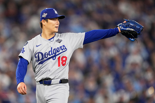 Los Angeles Dodgers pitcher Yoshinobu Yamamoto gestures during the fourth inning in Game 6 of baseball's World Series against the Toronto Blue Jays, Friday, Oct. 31, 2025, in Toronto. (AP Photo/Brynn Anderson) Los Angeles Dodgers pitcher Yoshinobu Yamamoto gestures during the fourth inning in Game 6 of baseball's World Series against the Toronto Blue Jays, Friday, Oct. 31, 2025, in Toronto. (AP Photo/Brynn Anderson)