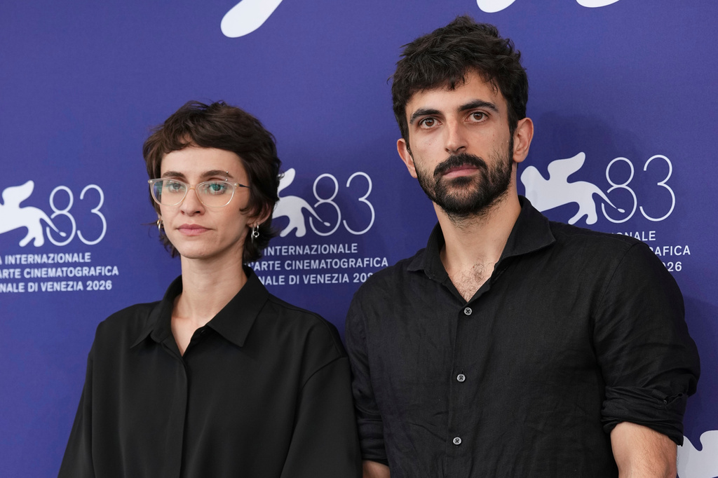 Directors Rachel Szor, left, and Yuval Abraham pose for photographers at the photo call for the film 'Naza' during the 83rd edition of the Venice Film Festival in Venice, Italy, on Thursday, Sept. 10, 2026. (Photo by Scott A Garfitt/Invision/AP)