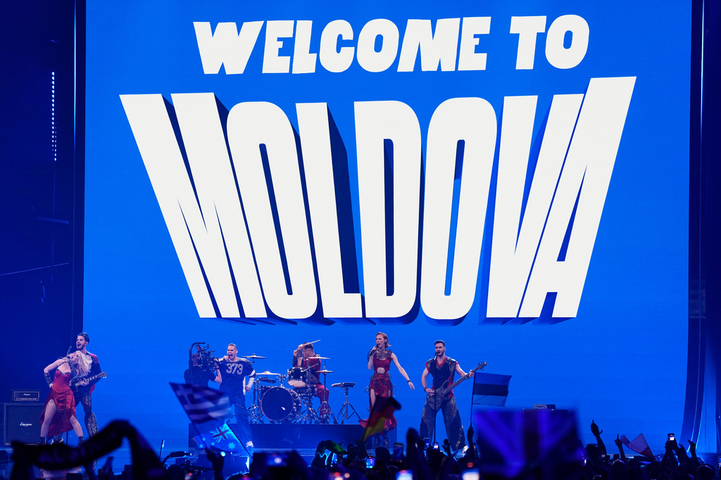 Satoshi from Moldova performs the song "Viva, Moldova!" during the first semifinal of the 70th Eurovision Song Contest in Vienna, Austria, Tuesday, May 12, 2026. (AP Photo/Martin Meissner)