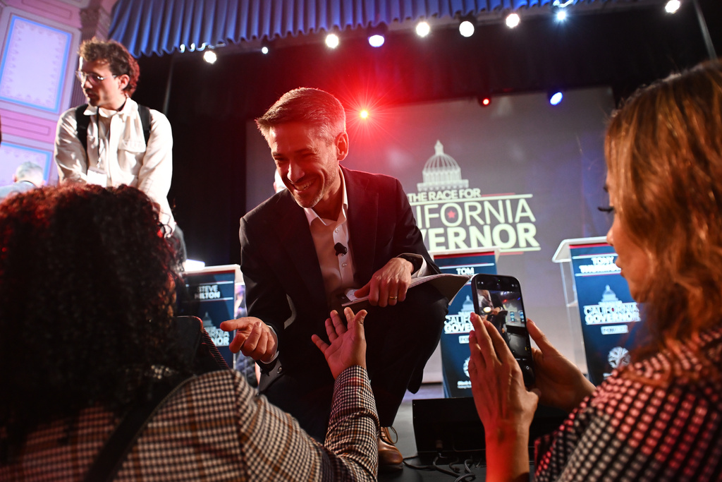 Matt Mahan talks to attendees after the California gubernatorial candidate debate Tuesday, Feb. 3, 2026, in San Francisco. (AP Photo/Laure Andrillon)