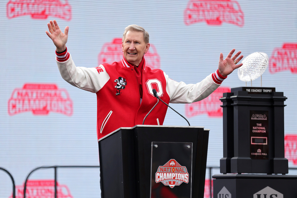 FILE - Ohio State University President Ted Carter speaks during the National Championship football celebration at Ohio Stadium in Columbus, Ohio, Jan. 26, 2025. (AP Photo/Joe Maiorana, file)