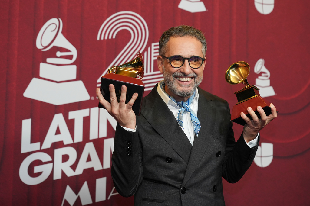 FILE - Jorge Drexler poses after winning two awards at the 25th Latin Grammy Awards ceremony on Nov. 14, 2024, in Miami. (AP Photo/Rebecca Blackwell, File)