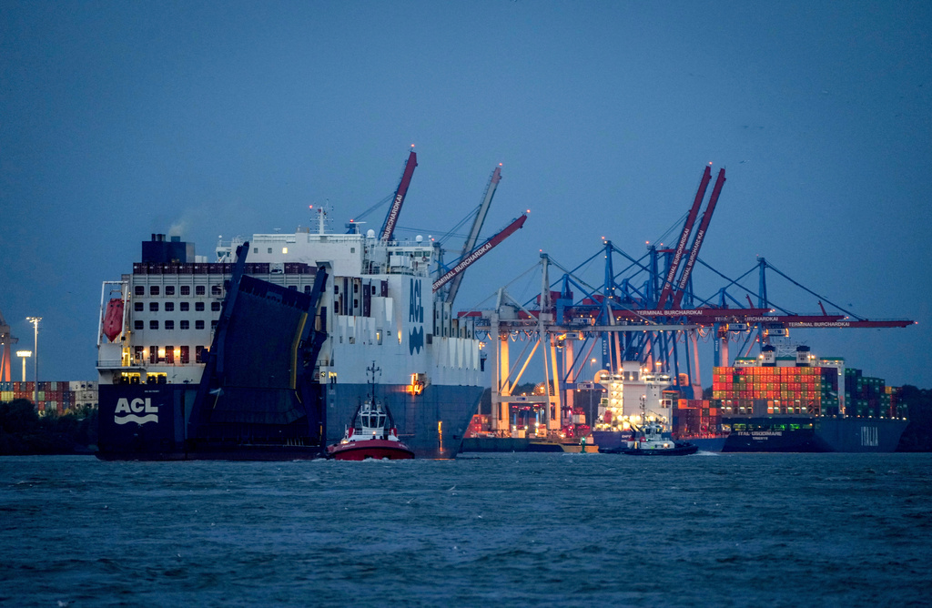 FILE -Container ships lie in the harbor of Hamburg, Germany, Oct. 20, 2021. (AP Photo/Michael Probst, File)