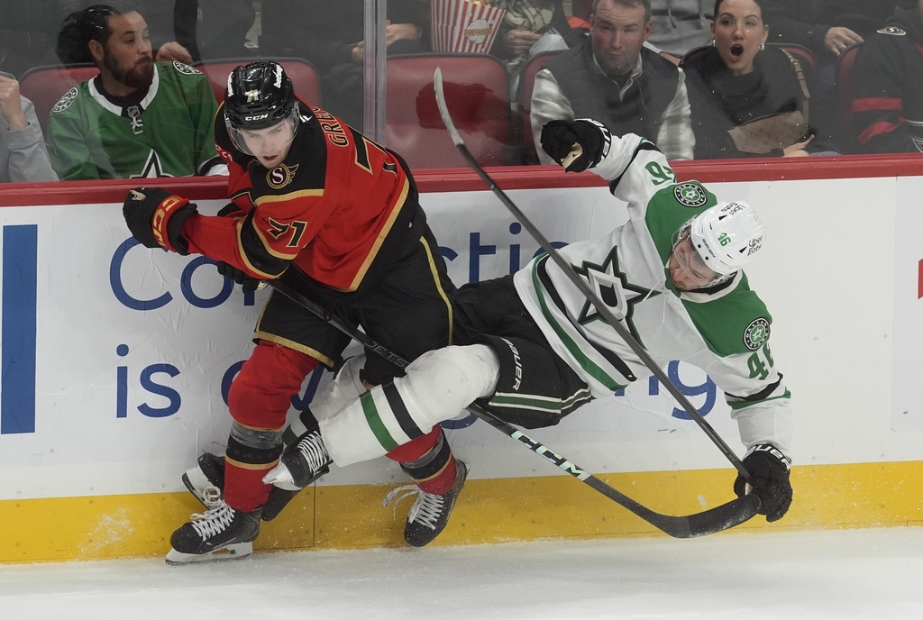 Ottawa Senators centre Ridly Greig (71) collides with Dallas Stars defenceman Ilya Lyubushkin (46) during second period NHL action, in Ottawa, Tuesday, Nov. 11, 2025. (Adrian Wyld/The Canadian Press via AP)