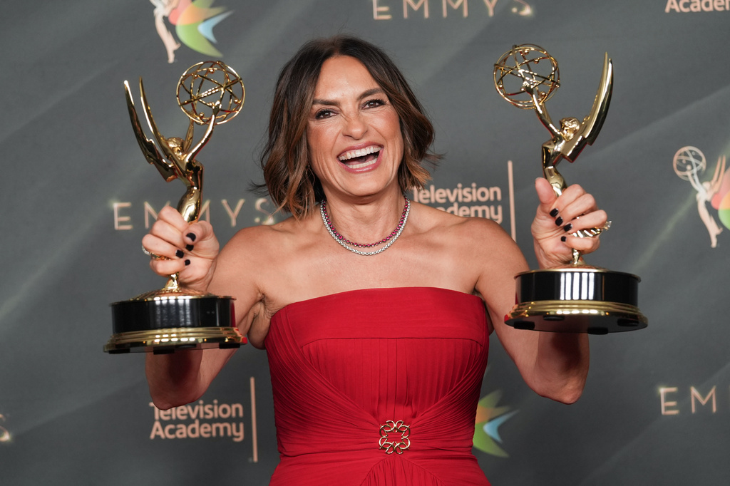 Mariska Hargitay poses in the press room with the awards for outstanding documentary or nonfiction special and outstanding directing for a documentary/nonfiction program for "My Mom Jayne" during night one of the Creative Arts Emmy Awards on Saturday, Sept. 5, 2026, in Los Angeles. (AP Photo/Chris Pizzello)