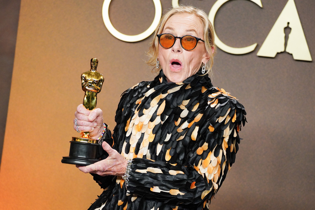 Amy Madigan, winner of the award for actress in a supporting role for "Weapons," poses in the press room at the Oscars on Sunday, March 15, 2026, at the Dolby Theatre in Los Angeles. (Photo by Jordan Strauss/Invision/AP)