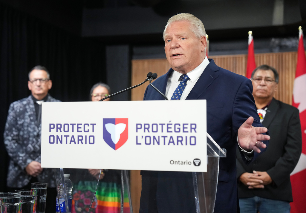 Ontario Premier Doug Ford speaks after signing an agreement with the Webequie First Nation at Queen's Park in Toronto on Wednesday, Oct. 29, 2025. (Nathan Denette/The Canadian Press via AP)