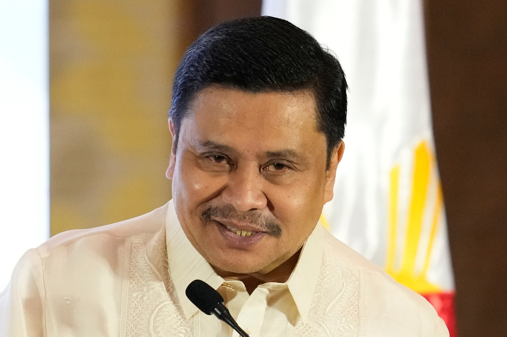 FILE - Senator Jinggoy Estrada speaks on behalf of his father and former Vice President Joseph Estrada during the 90th anniversary of the Office of the Vice President Nov. 14, 2025, at a hotel in Makati, Philippines. (AP Photo/Aaron Favila, File)