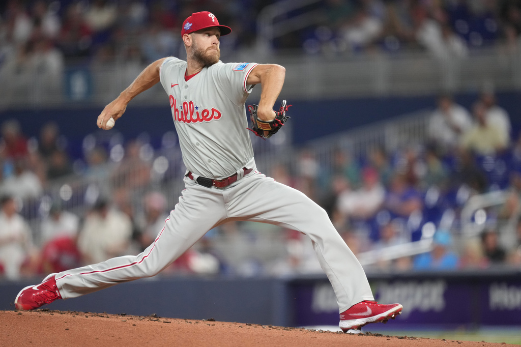 Philadelphia Phillies pitcher Zack Wheeler (45) throws against the Miami Marlins during the first inning of a baseball game, Friday, May 1, 2026, in Miami. (AP Photo/Jim Rassol)