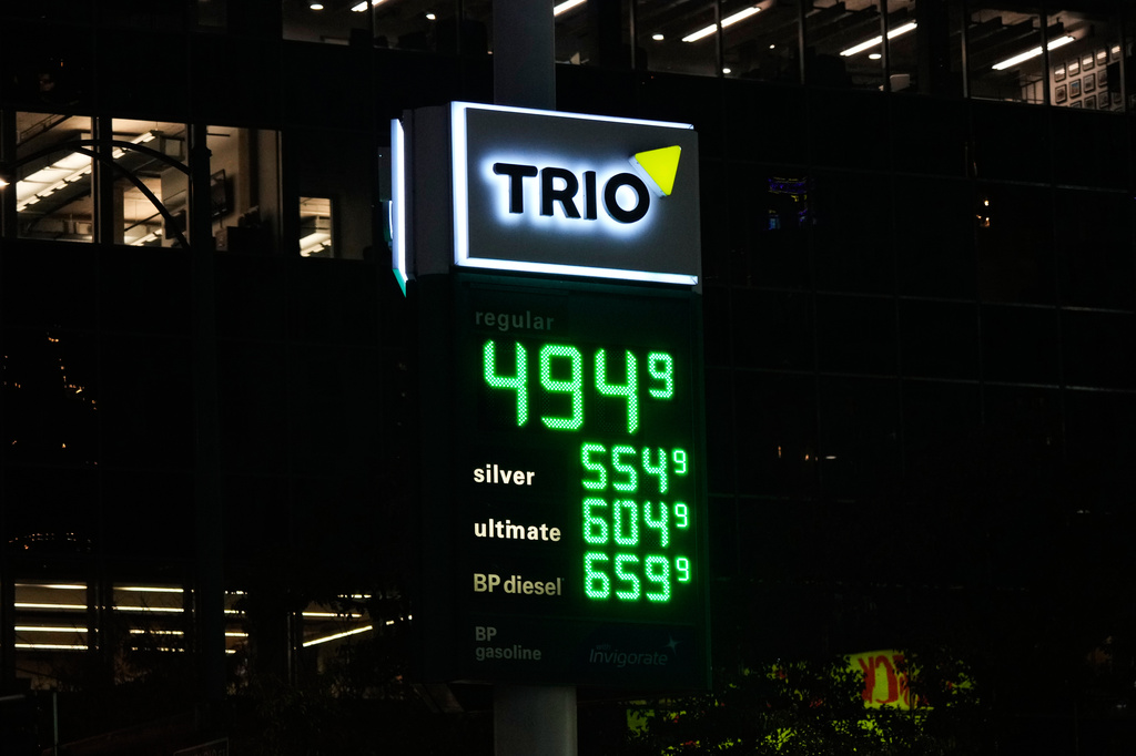 Gas prices are seen at a gas station in Chicago, Wednesday, Oct. 14, 2026. (AP Photo/Nam Y. Huh)
