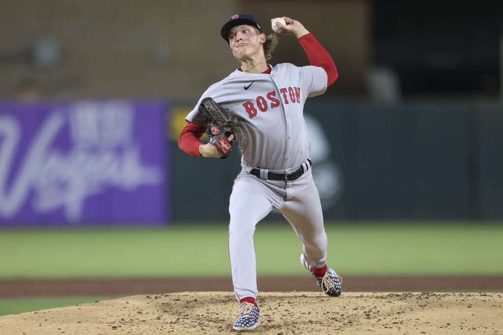 Boston Red Sox starting pitcher Connelly Early throws to an Athletics batter during the third inning of a baseball game as he makes his MLB Debut, Tuesday, Sept. 9, 2025, in West Sacramento, Calif. (AP Photo/Scott Marshall)