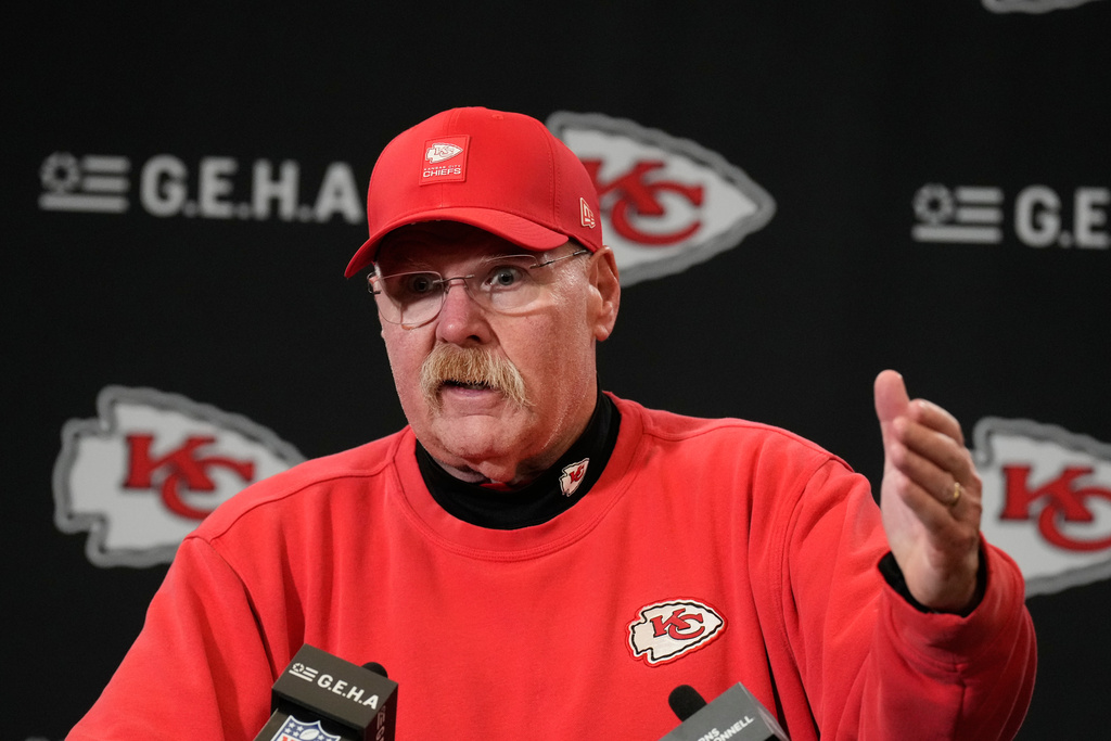 Kansas City Chiefs head coach Andy Reid speaks during a news conference following an NFL football game against the Los Angeles Chargers Sunday, Dec. 14, 2025, in Kansas City, Mo. (AP Photo/Charlie Riedel)