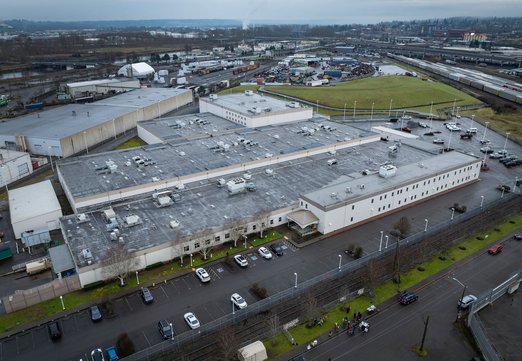 FILE - The Northwest ICE Processing Center in Tacoma, Wash., seen from the air on Feb. 18, 2024, where Japanese American organizers from Tsuru for Solidarity joined local immigrant rights group La Resistencia in a protest to call for its shutdown. (Ken Lambert/The Seattle Times via AP, File)