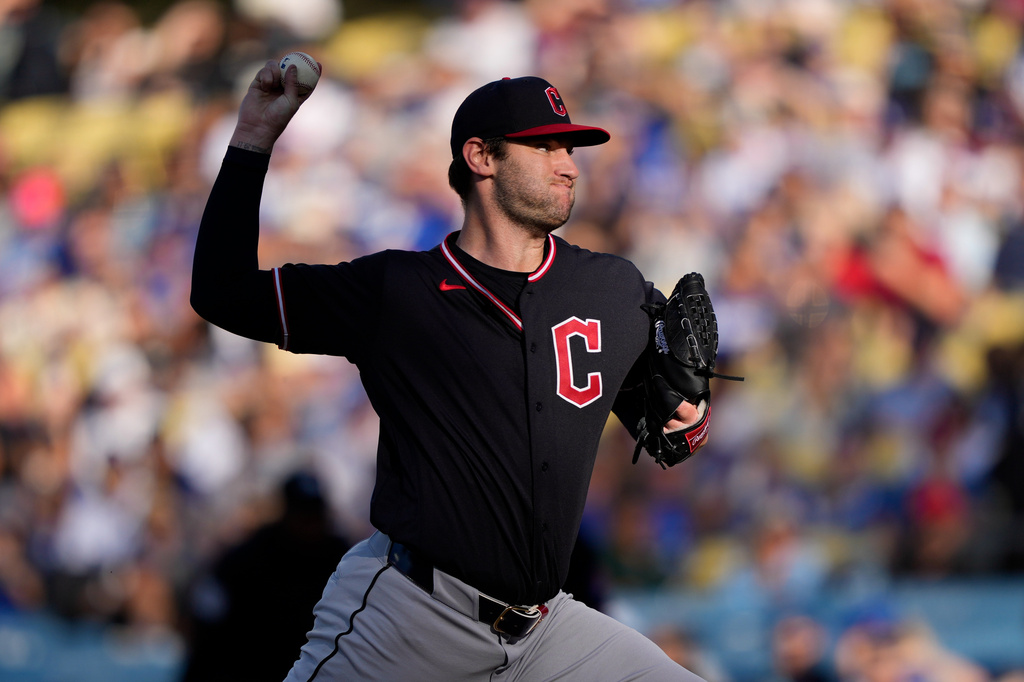 Cleveland Guardians starting pitcher Gavin Williams throws to the plate during the first inning of a baseball game against the Los Angeles Dodgers, Wednesday, April 1, 2026, in Los Angeles. (AP Photo/Mark J. Terrill)