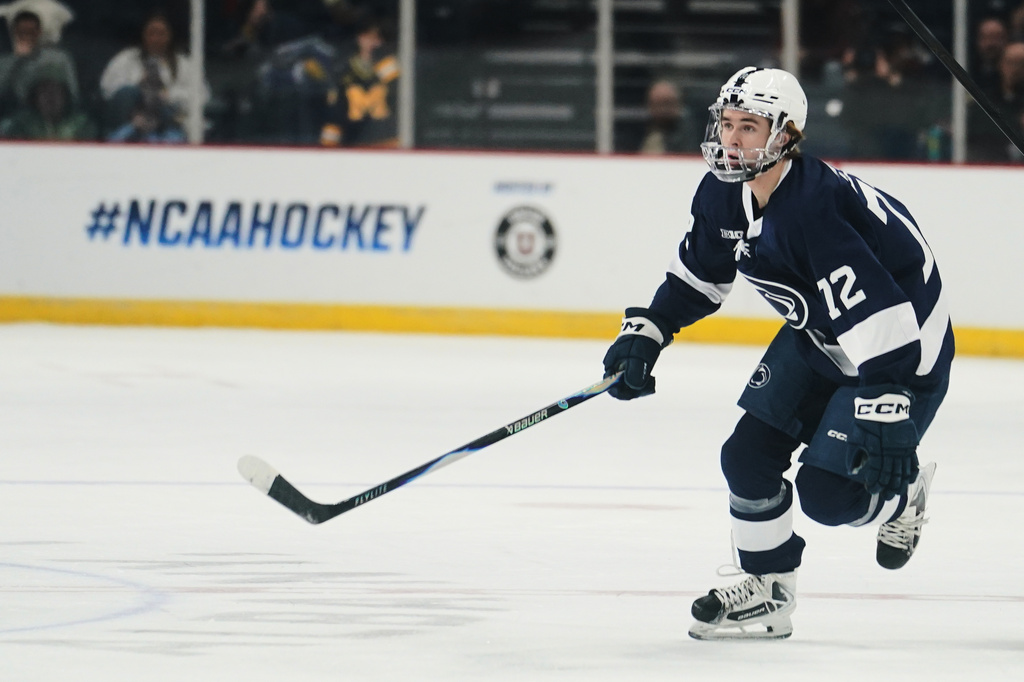 FILE - Penn State forward Gavin McKenna (72) skates during an NCAA hockey regional game against Minnesota Duluth, March 27, 2026 in Albany, N.Y. (AP Photo/Vera Nieuwenhuis, File)