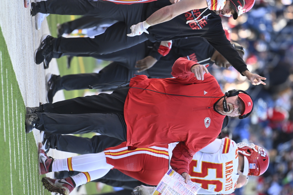 Kansas City Chiefs head coach Andy Reid watches during the second half of an NFL football game against the Tennessee Titans, Sunday, Dec. 21, 2025, in Nashville, Tenn. (AP Photo/John Amis)