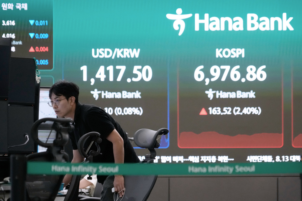 A currency trader watches monitors near a screen showing the Korea Composite Stock Price Index (KOSPI) and the foreign exchange rate between U.S. dollar and South Korean won at the foreign exchange dealing room of the Hana Bank headquarters in Seoul, South Korea, Friday, Aug. 14, 2026. (AP Photo/Ahn Young-joon)