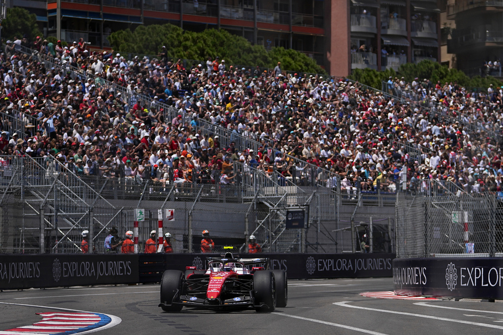 Ferrari driver Charles Leclerc of Monaco steers his car during the first free practice at the Monaco racetrack, in Monaco, Friday, June 5, 2026. The Formula one race will be held on Sunday. (AP Photo/Fatima Shbair)