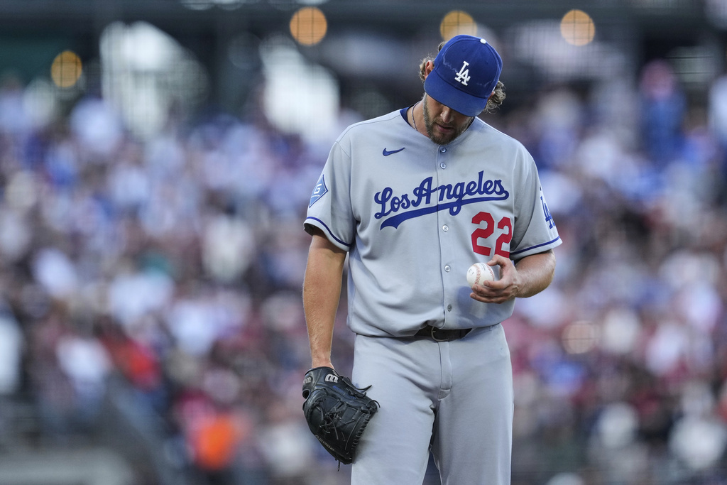 Los Angeles Dodgers pitcher Clayton Kershaw stands on the mound after allowing an RBI single to San Francisco Giants' Luis Matos during the first inning of a baseball game Saturday, Sept. 13, 2025, in San Francisco. (AP Photo/Godofredo A. Vásquez)