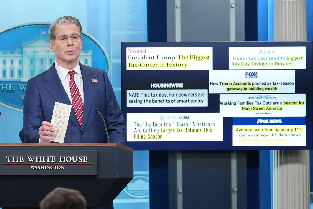 Treasury Secretary Scott Bessent speaks with reporters in the James Brady Press Briefing Room at the White House, Wednesday, April 15, 2026, in Washington. (AP Photo/Alex Brandon)