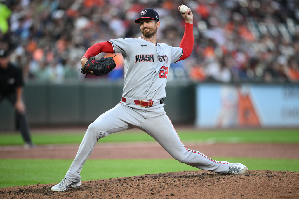 Washington Nationals pitcher Foster Griffin throws during the third inning of a baseball game against the Baltimore Orioles, Saturday, June 27, 2026, in Baltimore. (AP Photo/Nick Wass)