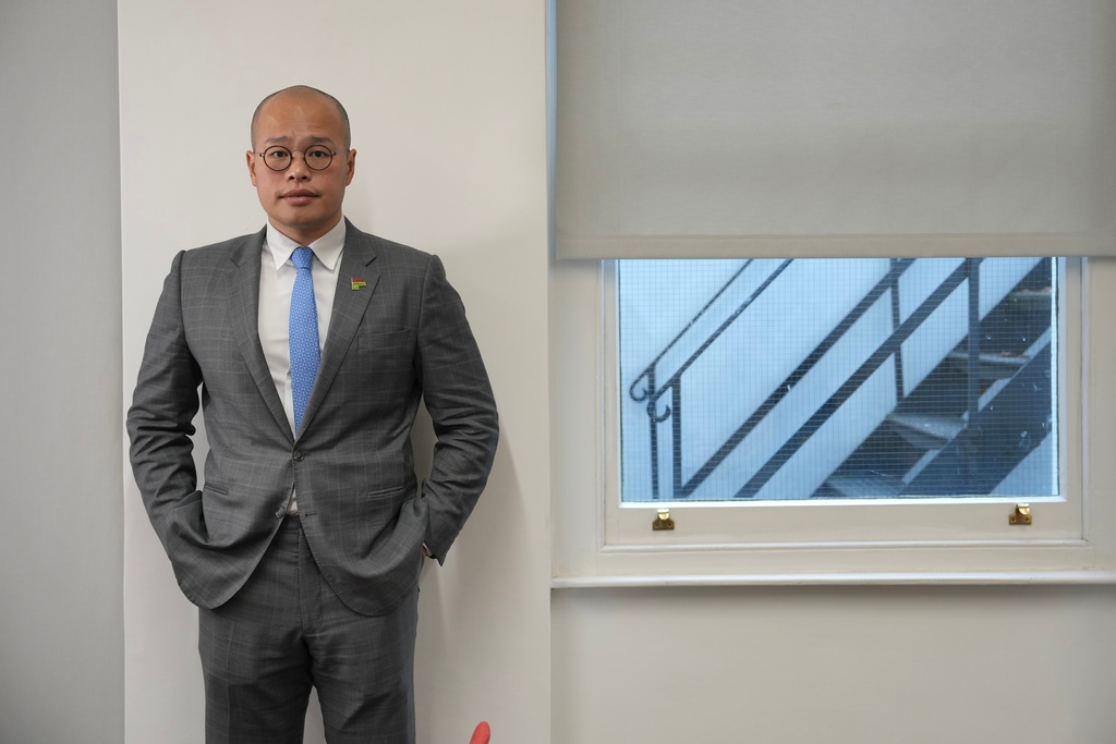 Sebastien Lai, son of Jimmy Lai, speaks during an interview with the Associated Press in London, Monday, Feb. 9, 2026. (AP Photo/Kin Cheung)