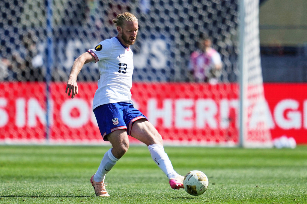 FILE - United States defender Tim Ream (13) passes the ball during a CONCACAF Gold Cup soccer match against Trinidad and Tobago in San Jose, Calif., Sunday, June 15, 2025. (AP Photo/Jeff Chiu, File)