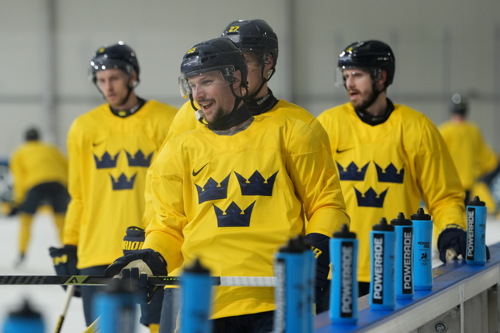 Sweden's Erik Karlsson during men's ice hockey practice at the 2026 Winter Olympics, in Milan, Italy, Sunday, Feb. 8, 2026. (AP Photo/Carolyn Kaster)