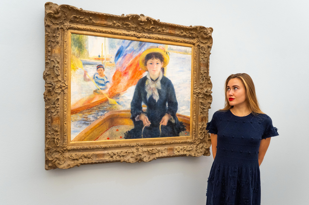 Pierre-Auguste Renoir's 'En Canon (Jeune fille a la barque)' is displayed during a preview of the Blaquier-Arrieta Collection, a group of twelve Impressionist and Modern works which have been largely unseen for half a century, at Sotheby's in London. Wednesday Sept. 30, 2026. (Ben Bauer/PA via AP)