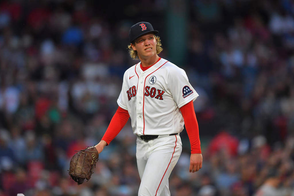 Boston Red Sox's Connelly Early steps off the pitcher's mound after giving up runs in the third inning of a baseball game against the Baltimore Orioles, Tuesday, June 2, 2026, in Boston. (AP Photo/Steven Senne)
