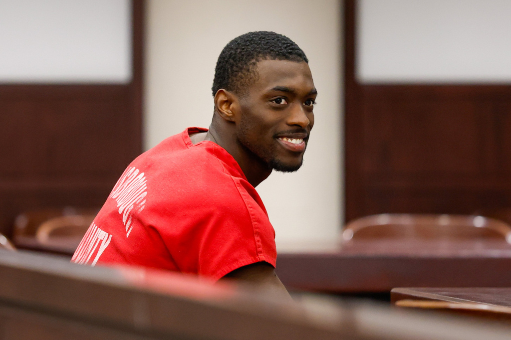 Terrion Arnold, a Detroit Lions cornerback, takes his seat before his pretrial detention hearing at the Hillsborough County Courthouse on Monday, June 29, 2026, in Tampa, Fla. (Jefferee Woo/Tampa Bay Times via AP)
