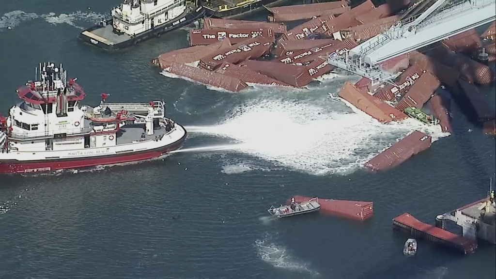 Several shipping containers have fallen off a cargo ship and into the water at the Port of Long Beach, Calif., on Tuesday, Sept. 9, 2025. (KABC-TV via AP)