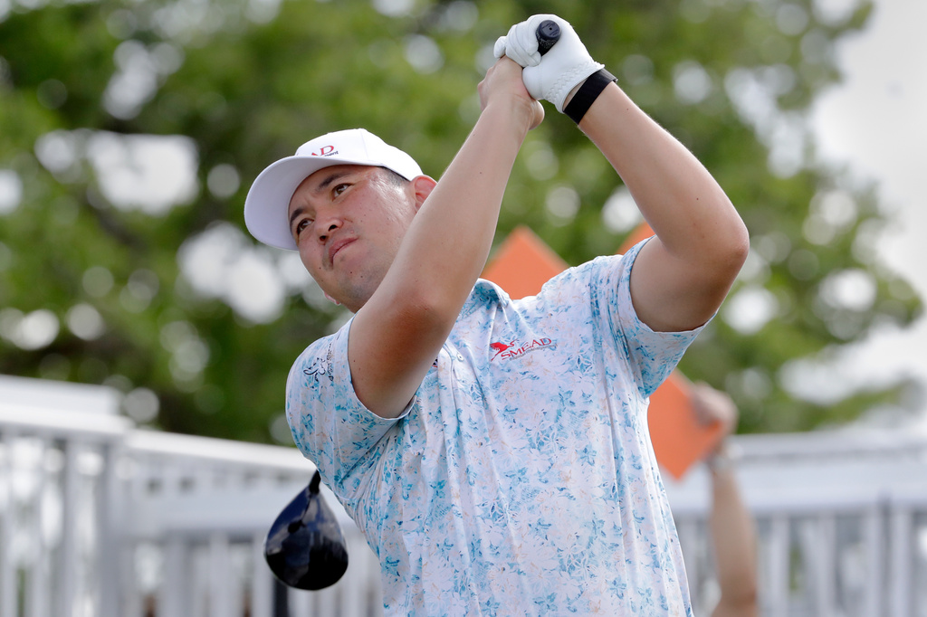Rico Hoey tees off on the 18th hole during the first round of the Texas Children's Houston Open golf tournament Thursday, March 26, 2026, in Houston. (AP Photo/Michael Wyke)