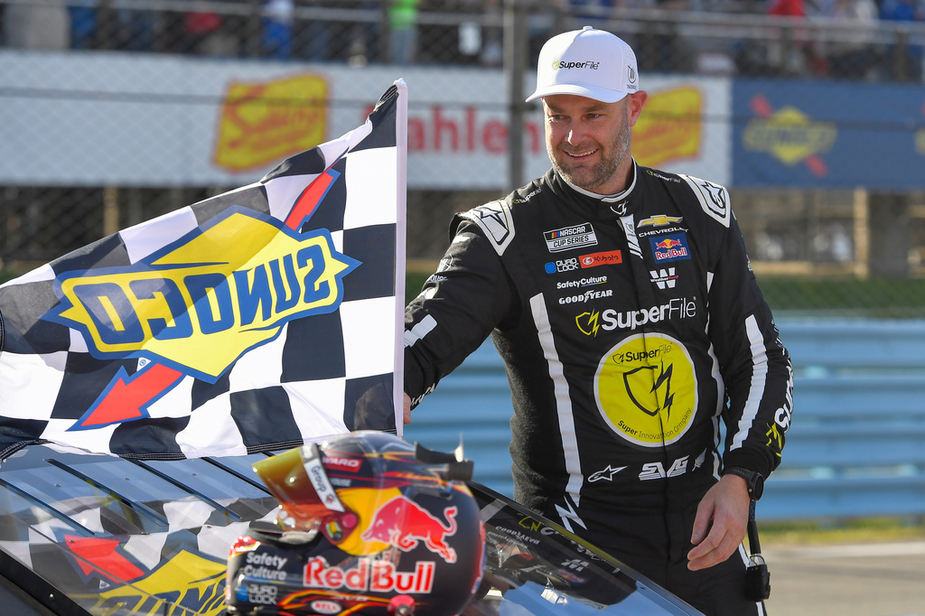 Shane Van Gisbergen celebrates after winning a NASCAR Cup Series auto race, Sunday, May 10, 2026, in Watkins Glen, N.Y. (Photo/Adrian Kraus)