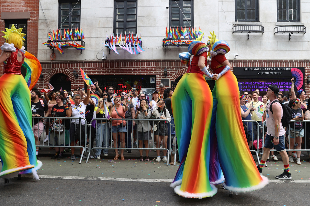 Parade-goers attend the NYC Pride March near the Stonewall Inn, Sunday, June 28, 2026 in New York. (AP Photo/Pamela Smith)