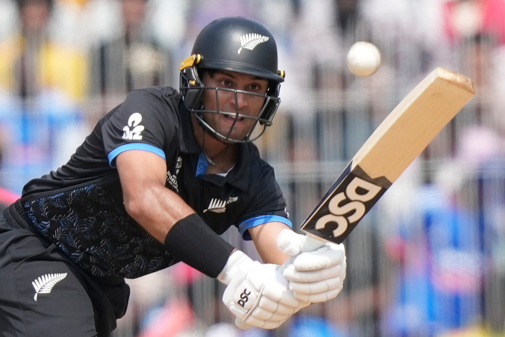 New Zealand's Rachin Ravindra plays a shot during the T20 World Cup cricket match between Canada and New Zealand in Chennai, India, Tuesday, Feb. 17, 2026. (AP Photo/Mahesh Kumar A.)