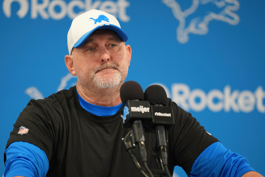 FILE - Detroit Lions offensive coordinator John Morton speaks in a news conference during an NFL football practice July 28, 2025, in Allen Park, Mich. (AP Photo/Ryan Sun, File)