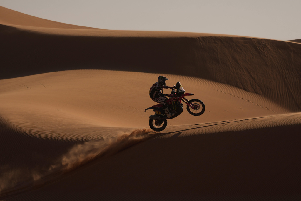 Rider Ricky Brabec competes during the eighth stage of the Dakar Rally with a start and finish at Wadi Ad Dawasir, Saudi Arabia, Monday, Jan.12, 2026. (AP Photo/Thibault Camus)