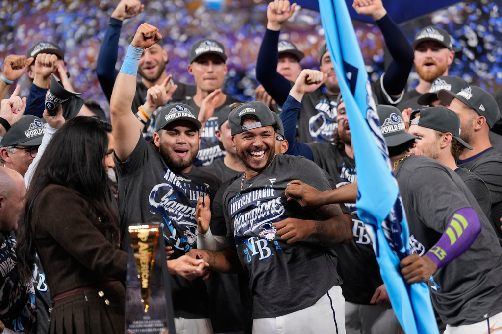 Tampa Bay Rays pitcher Freddy Peralta celebrates after their win against the Cleveland Guardians in Game 6 of an American League Championship Series baseball game in St. Petersburg, Fla. Monday, Oct. 19, 2026. (AP Photo/David J. Phillip)