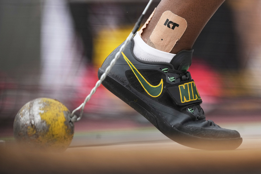 Jamaica's Nayoka Clunis competes in the women's hammer throw qualification at the World Athletics Championships in Tokyo, Sunday, Sept. 14, 2025. (AP Photo/Ashley Landis)