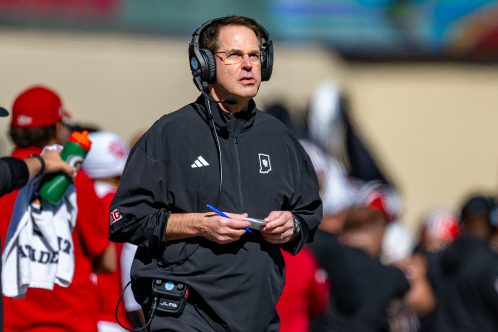 Indiana head coach Curt Cignetti watches during the first half of an NCAA college football game against Ohio State, Saturday, Oct. 17, 2026, in Bloomington, Ind. (AP Photo/Doug McSchooler)