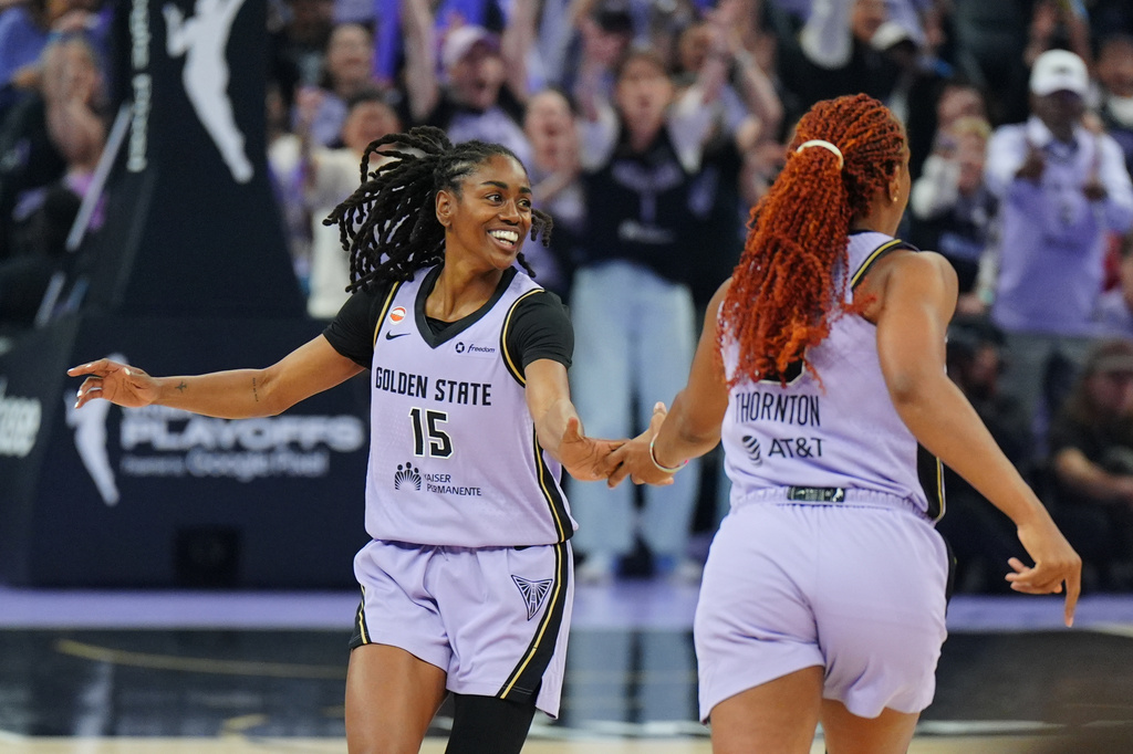 Golden State Valkyries guard Tiffany Hayes (15) reacts after hitting a 3-point shot during the first half of a WNBA basketball first-round playoff game against the Dallas Wings Sunday, Sept. 27, 2026, in San Francisco. (AP Photo/Alan Greth)