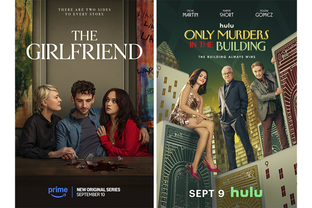 This combination of images shows promotional art for "The Girlfriend," left, and "Only Murders in the Building." (Prime/Hulu via AP)