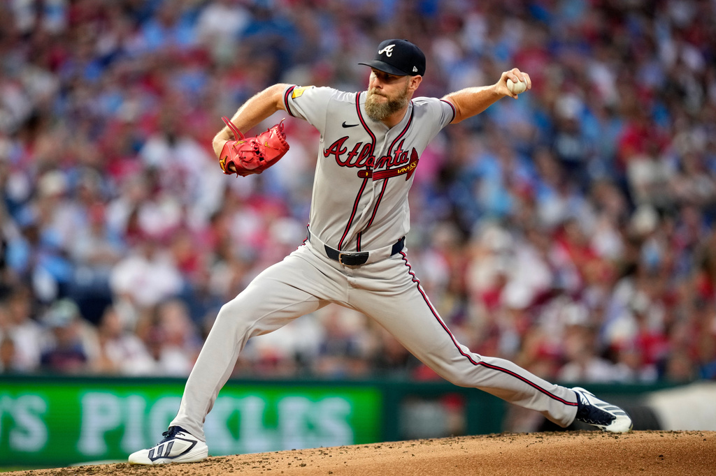 Atlanta Braves' Chris Sale pitches during the second inning of a baseball game against the Philadelphia Phillies Friday, Sept. 4, 2026, in Philadelphia. (AP Photo/Matt Slocum)