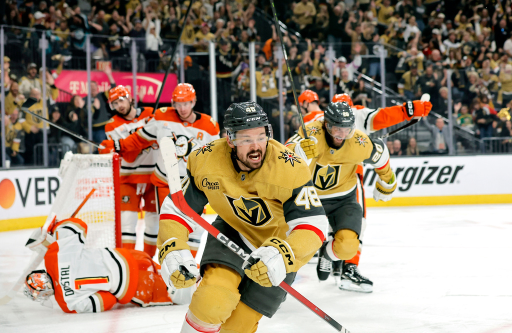 Vegas Golden Knights center Tomas Hertl (48) and left wing Brandon Saad (20) celebrate after Hertl's goal against Anaheim Ducks goaltender Lukas Dostal (1) during the third period in Game 5 of a second-round NHL hockey Stanley Cup playoff series Tuesday, May 12, 2026, in Las Vegas. (Steve Marcus