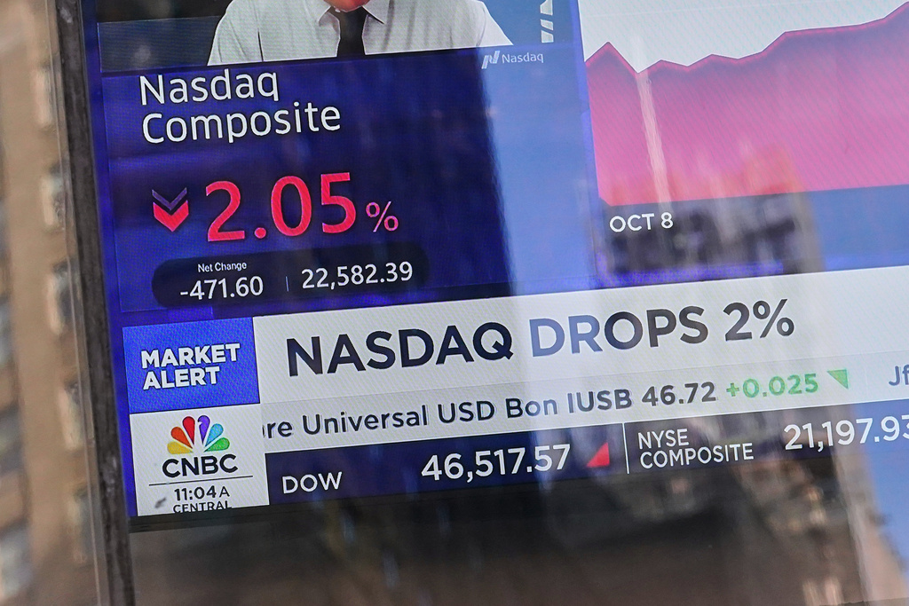 A television screen is displayed in the window of the Nasdaq MarketSite, in New York's Times Square, Friday, Nov. 7, 2025. (AP Photo/Richard Drew)