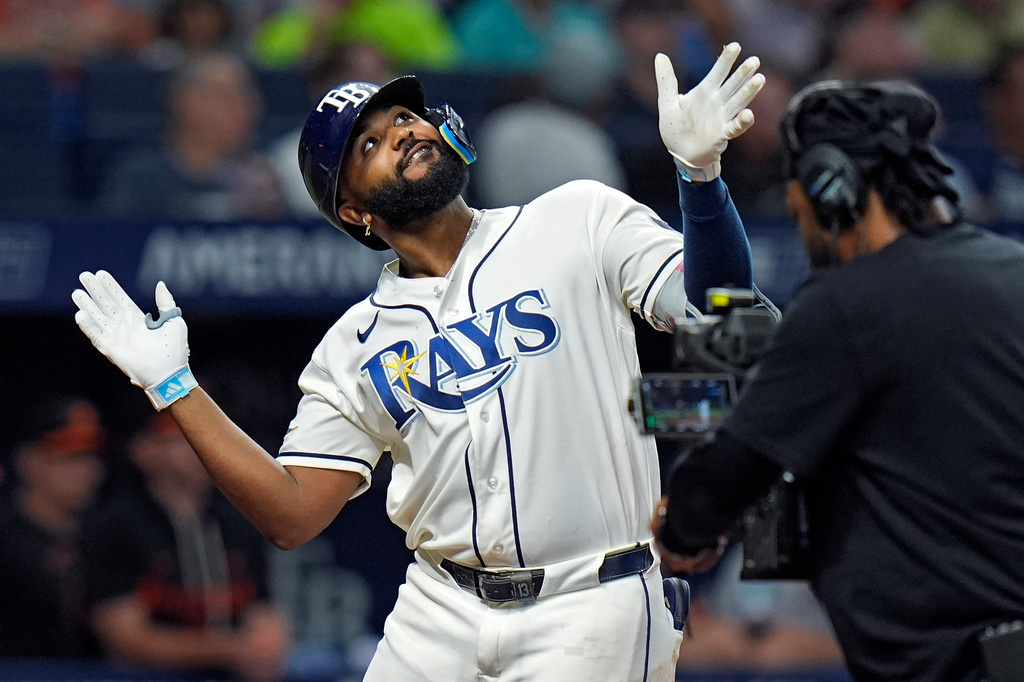 Tampa Bay Rays' Junior Caminero reacts after his three-run home run off Baltimore Orioles pithcer Cameron Foster during the fifth inning of a baseball game Monday, May 18, 2026, in St. Petersburg, Fla. (AP Photo/Chris O'Meara)