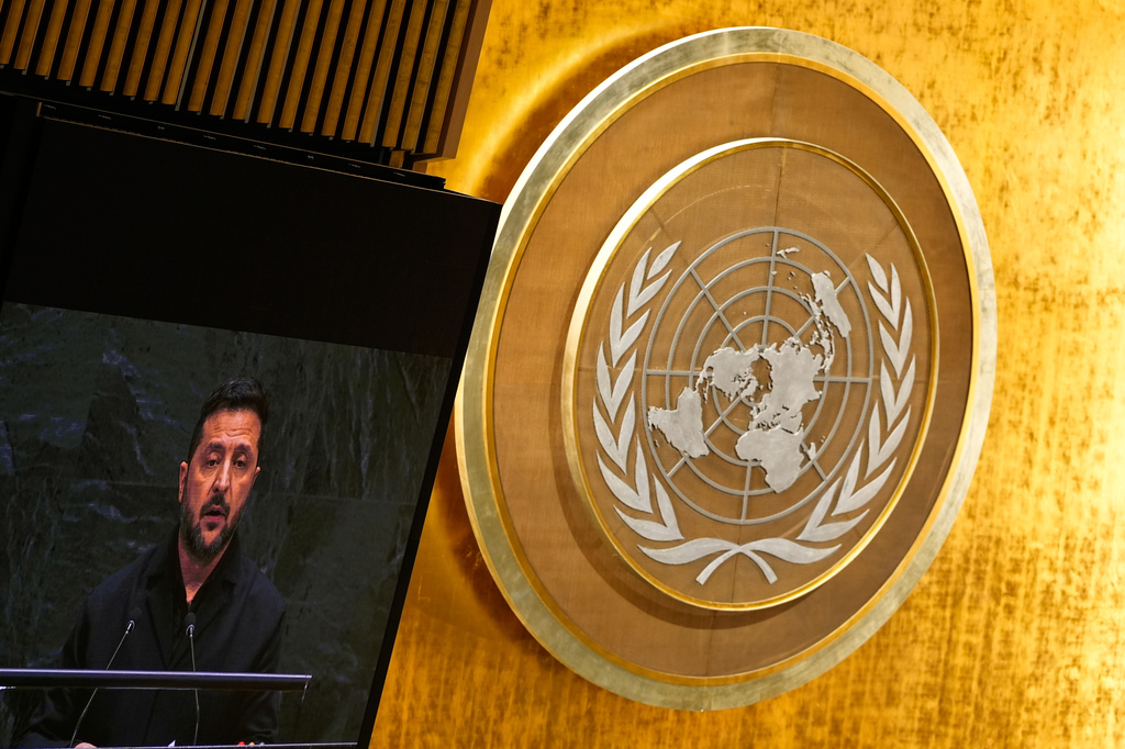 Ukraine's President Volodymyr Zelenskyy is seen on a video monitor as he speaks during the 81st session of the United Nations General Assembly at United Nations headquarters, Wednesday, Sept. 23, 2026. (AP Photo/Seth Wenig)