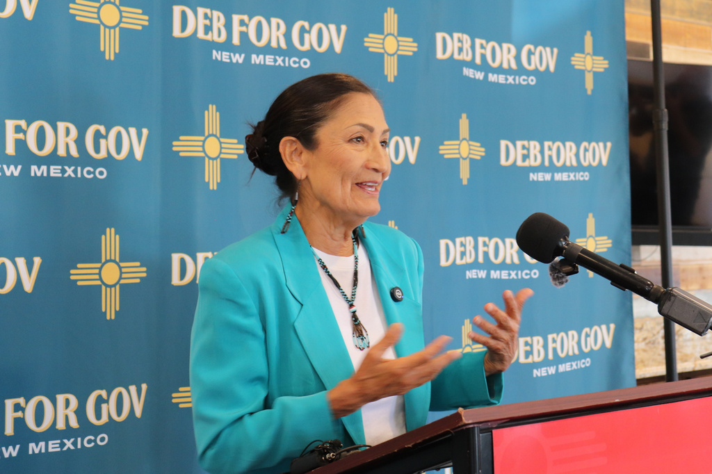 Former U.S. Interior Secretary Deb Haaland, Democratic gubernatorial candidate, speaks during a news conference in Albuquerque, N.M., Wednesday, June 3, 2026. (AP Photo/Savannah Peters)