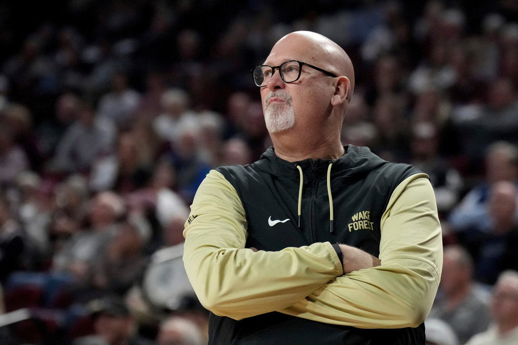 FILE - Wake Forest head coach Steve Forbes watches his team play defense against Texas A&amp;M during the first half of an NCAA college basketball game, in College Station, Texas, Dec. 3, 2024. (AP Photo/Sam Craft, File)